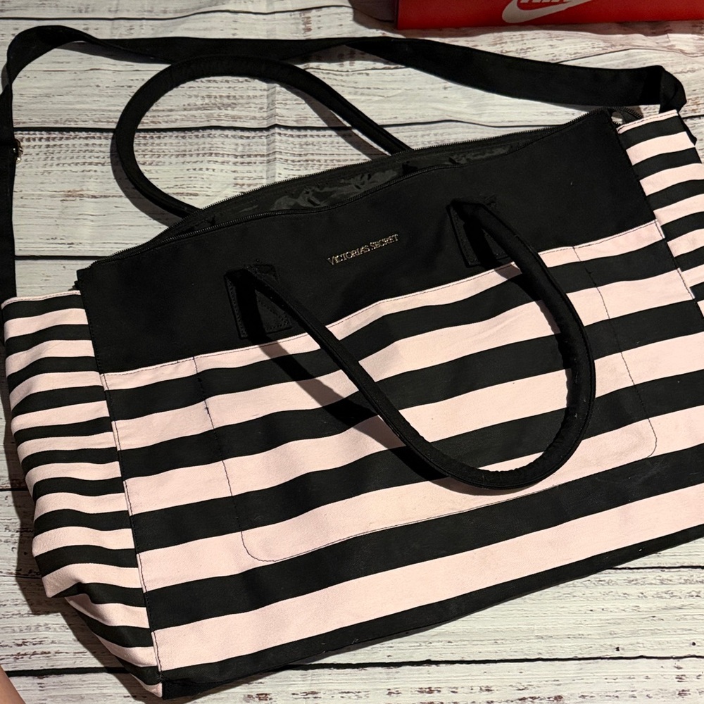 Victoria's Secret Black and Light Pink Striped Tote